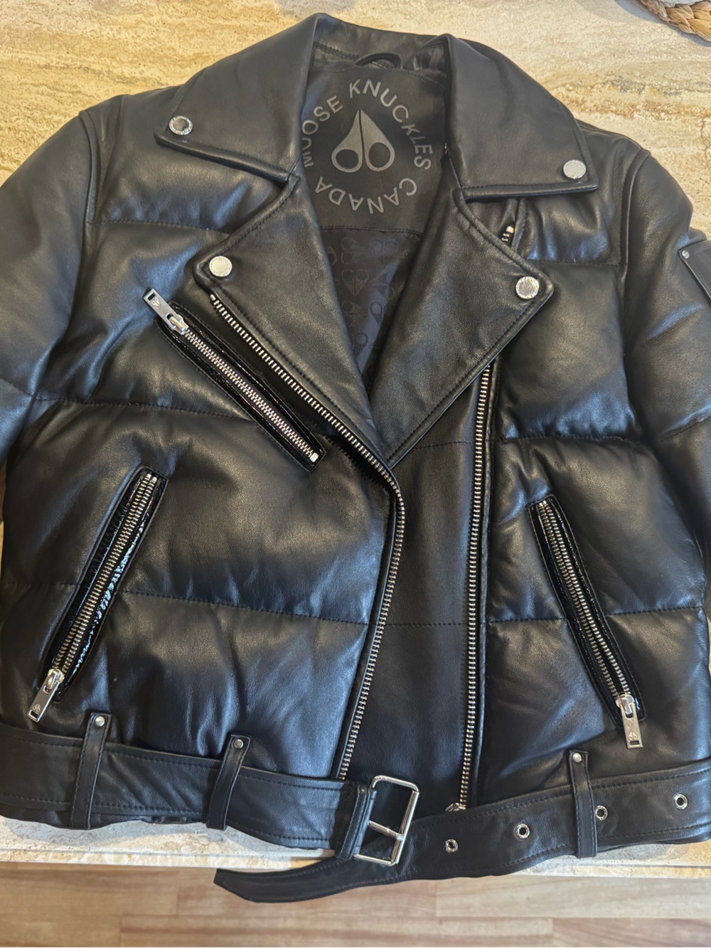 Moose Knuckles Black puffy Leather Biker Jacket